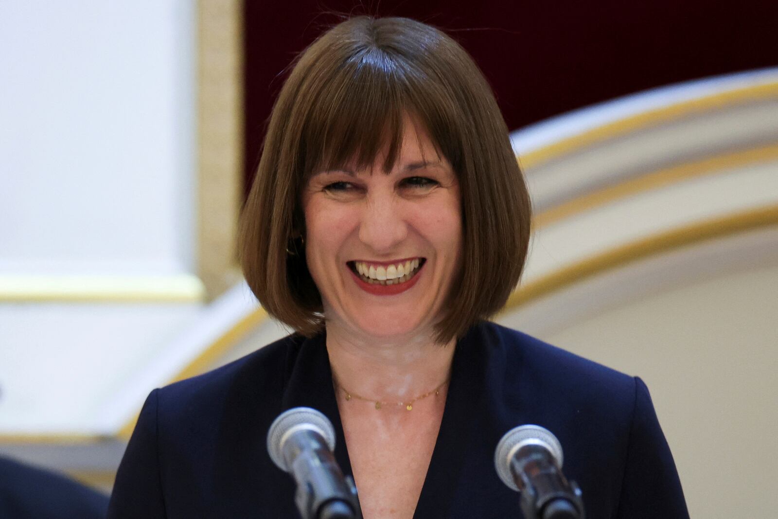 Chancellor of the Exchequer Rachel Reeves delivers her first Mansion House speech on financial services in the City of London, during the Financial and Professional Services Dinner, in the Egyptian Hall of Mansion House, Thursday, Nov. 14, 2024. (Isabel Infantes/PA via AP)