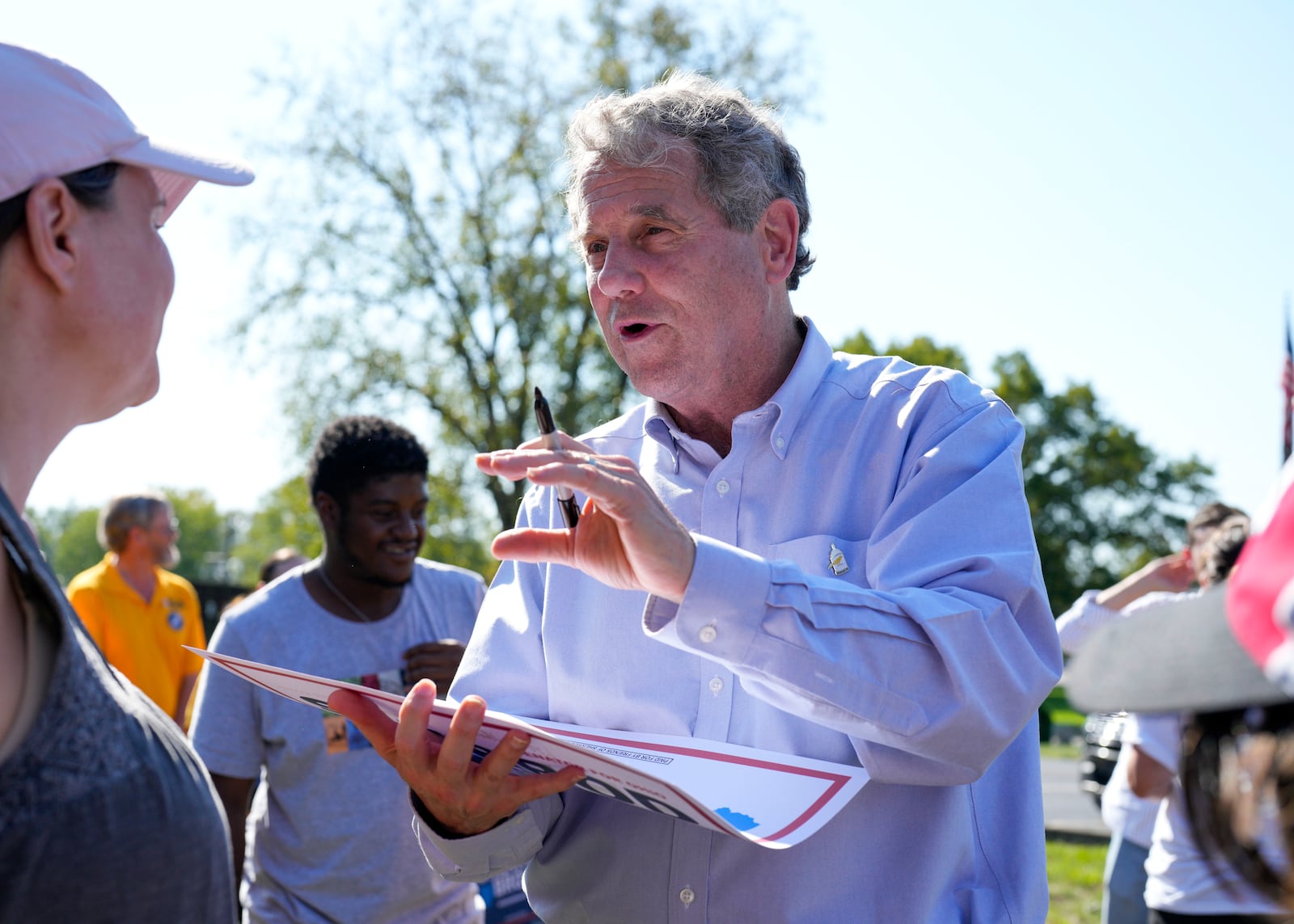 U.S. Sen. Sherrod Brown, D-Ohio, speaks with supporters at a campaign rally, Saturday, Oct. 5, 2024, in Cincinnati. (AP Photo/Jeff Dean)