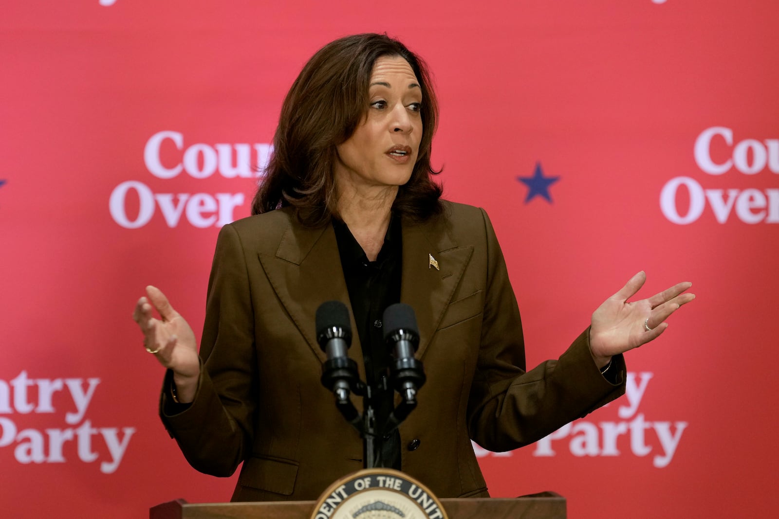 Democratic presidential nominee Vice President Kamala Harris speaks at a campaign event Friday, Oct. 11, 2024, at the Grayhawk Golf Club in Scottsdale, Ariz. (AP Photo/Ross D. Franklin)