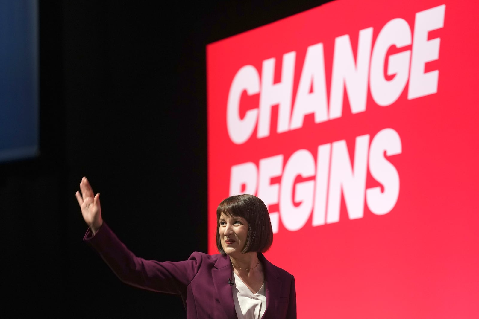 Britain's Chancellor of the Exchequer Rachel Reeves waves after her speech during the Labour Party Conference in Liverpool, England, Monday, Sept. 23, 2024.(AP Photo/Jon Super)