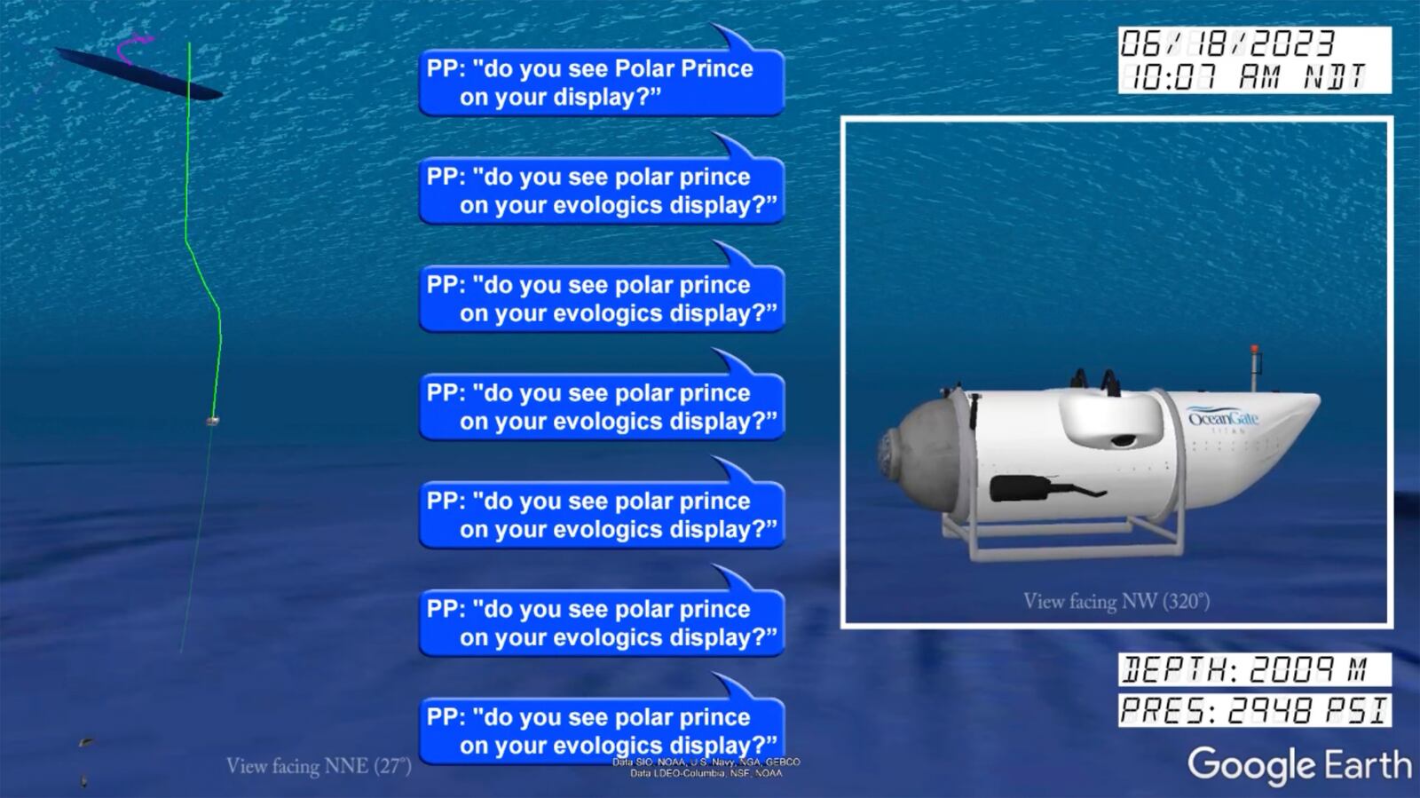 In a still from from a video animation provided by the United States Coast Guard an illustration of the Titan submersible, right, is shown near the ocean floor of the Atlantic Ocean, as June 18, 2023 communications between the submersible and the support vessel Polar Prince, not shown, are represented at left. (United States Coast Guard via AP)