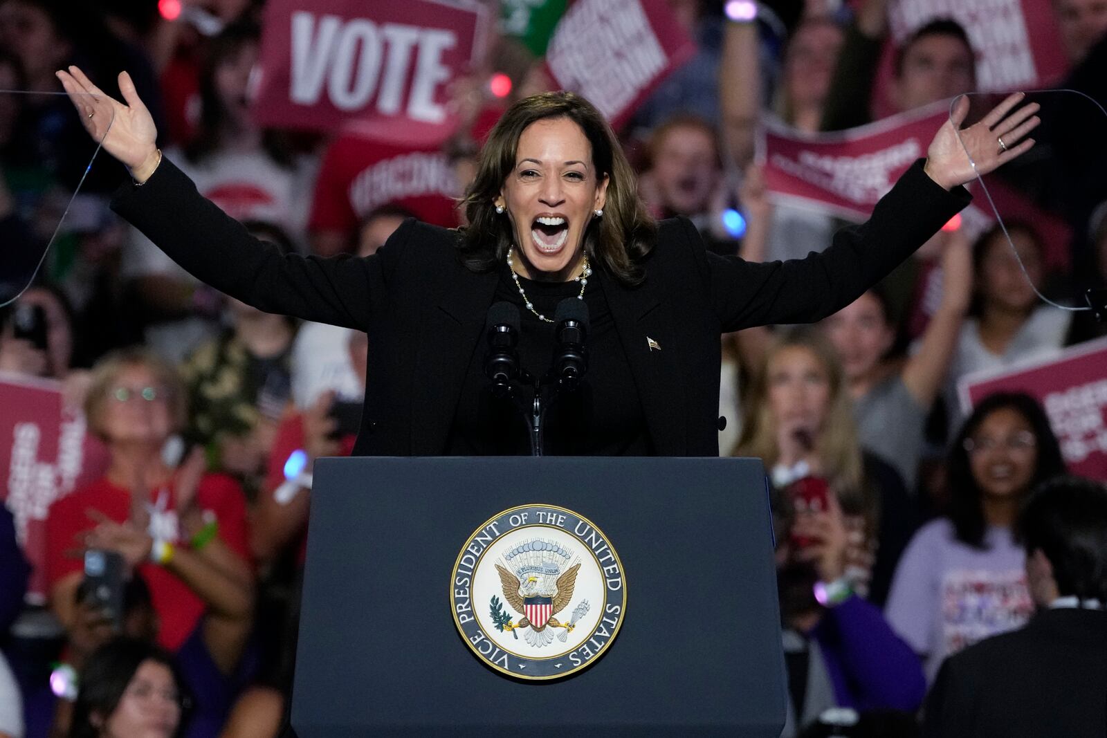 Democratic presidential nominee Vice President Kamala Harris arrives to speak at a campaign event Wednesday, Oct. 30, 2024, in Madison, Wis. (AP Photo/Morry Gash)