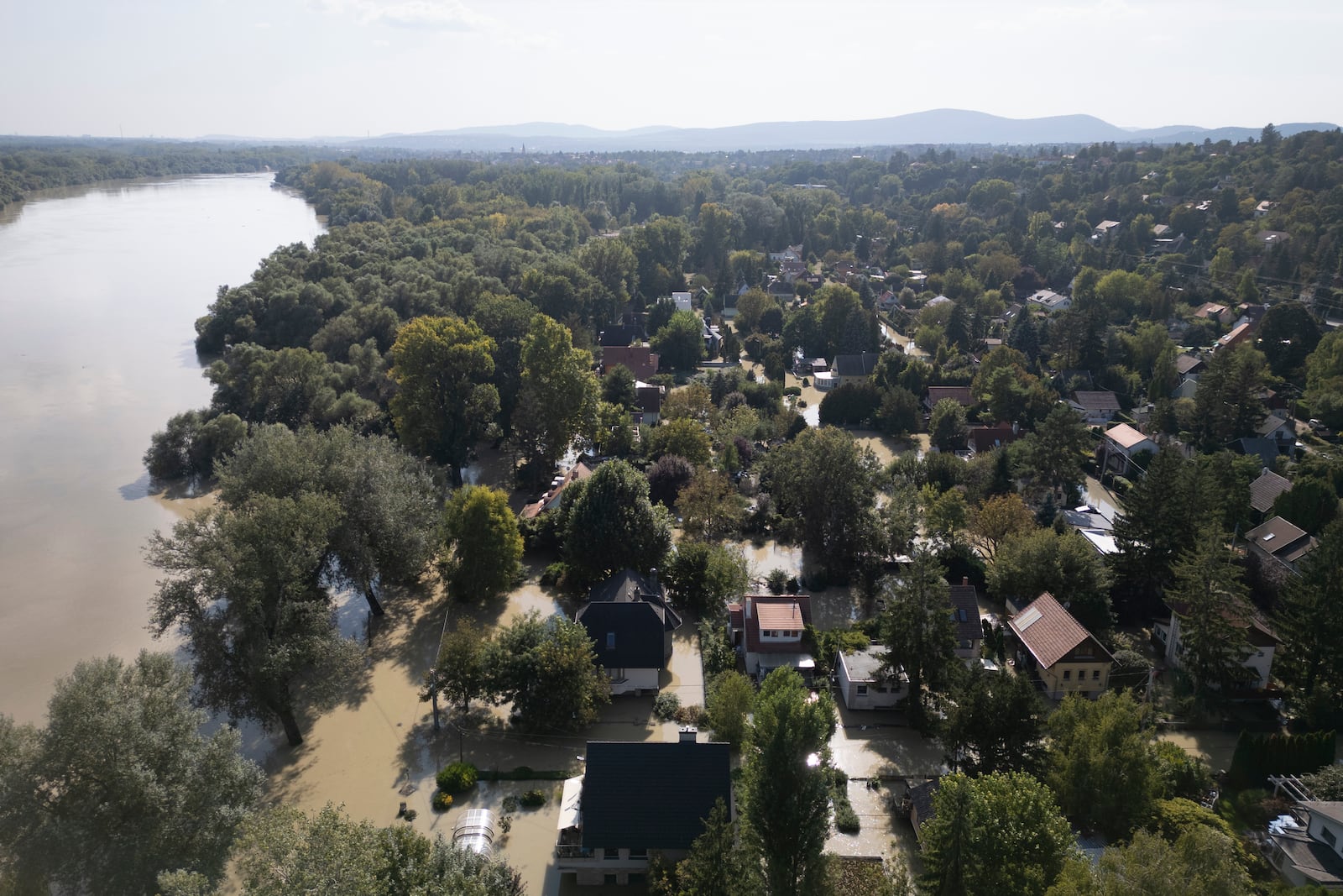 An aerial view of Danube River and a flooded neighbourhood in Szentendre, Hungary, Thursday, Sept. 19, 2024. (AP Photo/Darko Bandic)