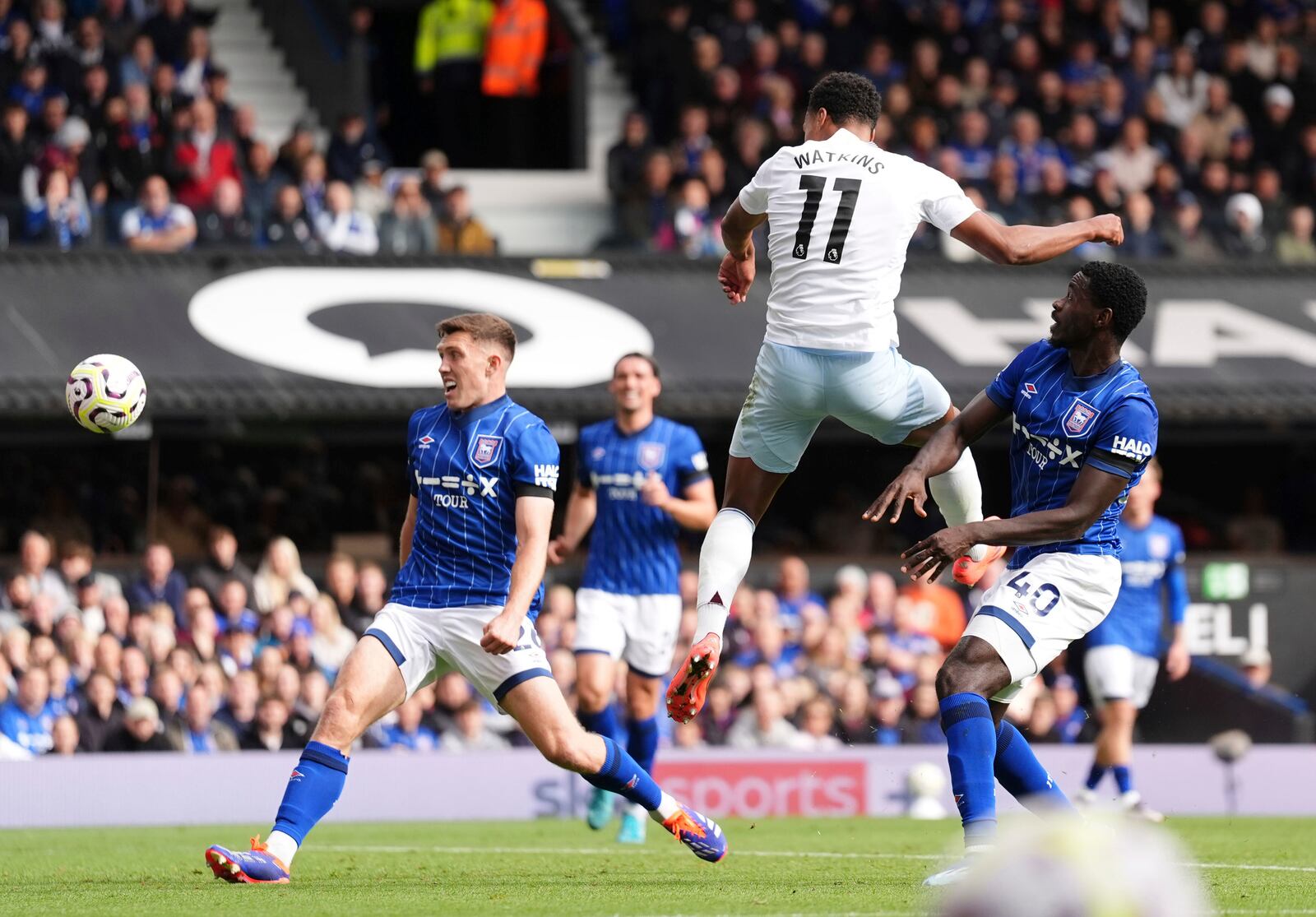 Aston Villa's Ollie Watkins scores his side's second goal during the British Premier League soccer match between Ipswich Town and Aston Villa at Portman Road, Ipswich, England, Sunday Sept. 29, 2024. (Zac Goodwin/PA via AP)