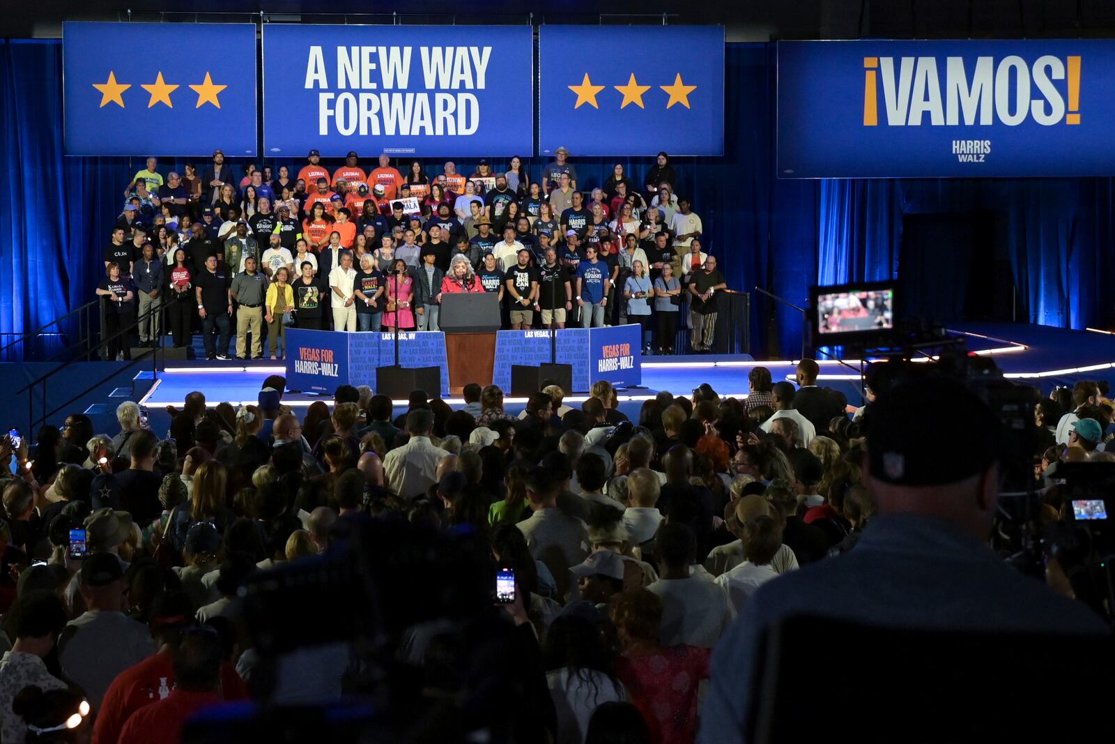 Rep. Dina Titus, D-Nev., speaks before a campaign appearance by Democratic presidential nominee Vice President Kamala Harris, Sunday, Sept. 29, 2024, in Las Vegas. (AP Photo/Sam Morris)