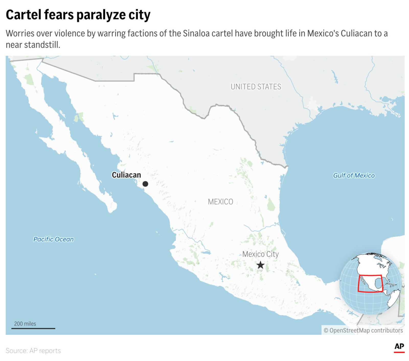 Schools and businesses in Culiacan, Mexico, are closed and security has been increased as violent clashes play out between factions of the Sinaloa cartel. (AP Graphic)