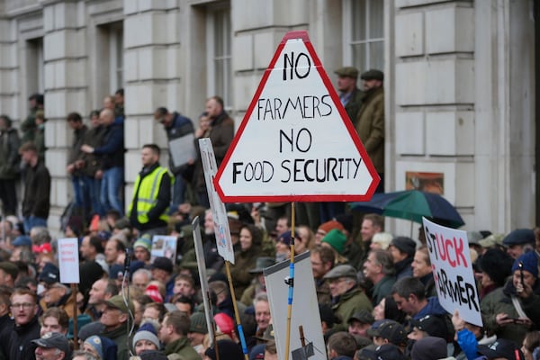 The National Farmers' Union members attend a protest against the planned changes to tax rules, in London, Tuesday, Nov. 19, 2024. (AP Photo/Kin Cheung)