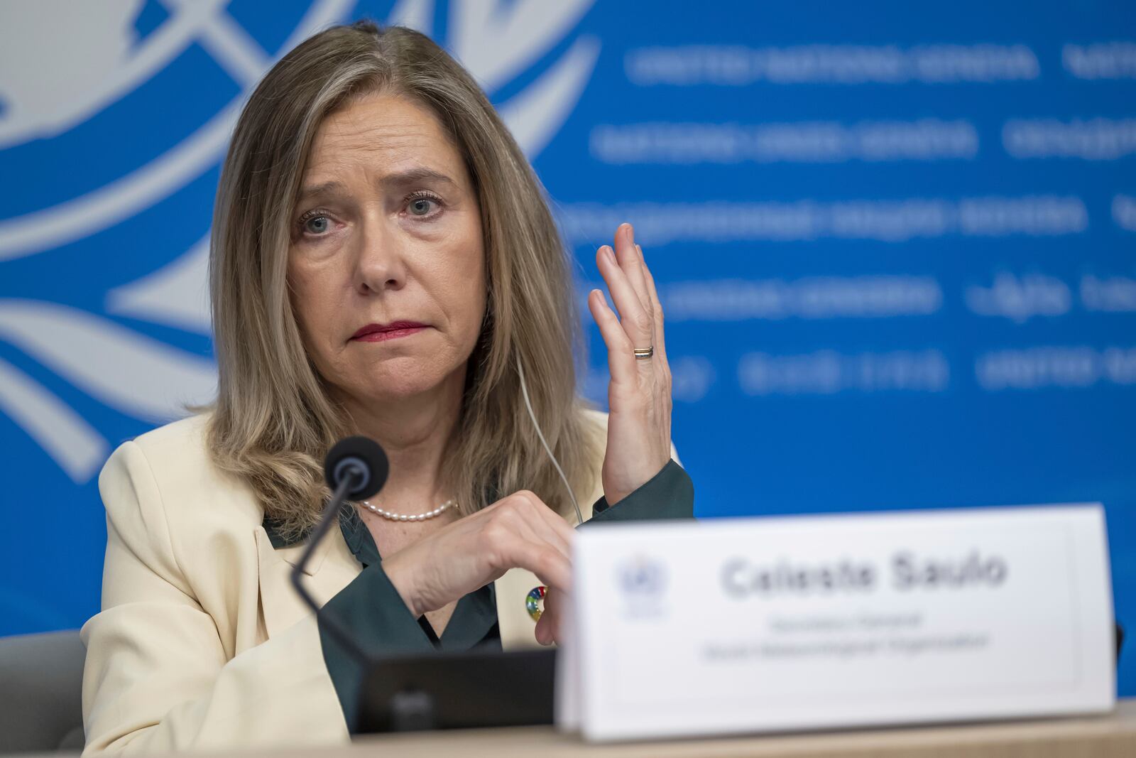 FILE - Celeste Saulo, World Meteorological Organization (WMO) Secretary-General, speaks about the state of Global Climate 2023, during a press conference at the European headquarters of the United Nations in Geneva, Switzerland, Tuesday, March 19, 2024. (Martial Trezzini/Keystone via AP, File)