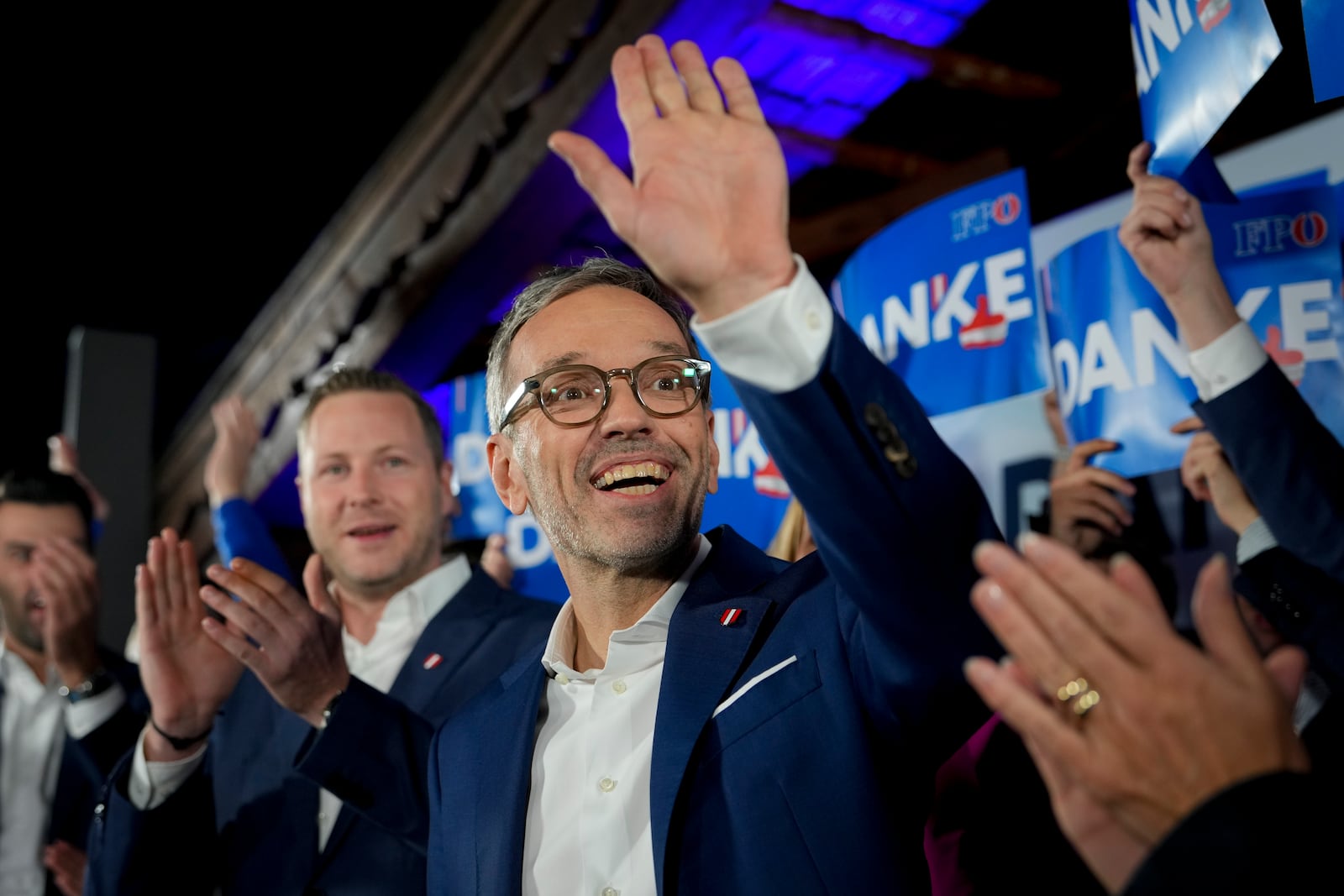 Herbert Kickl, leader of the Freedom Party of Austria waves to supporters, in Vienna, Austria, Sunday, Sept. 29, 2024, after polls closed in the country's national election. (AP Photo/Andreea Alexandru)