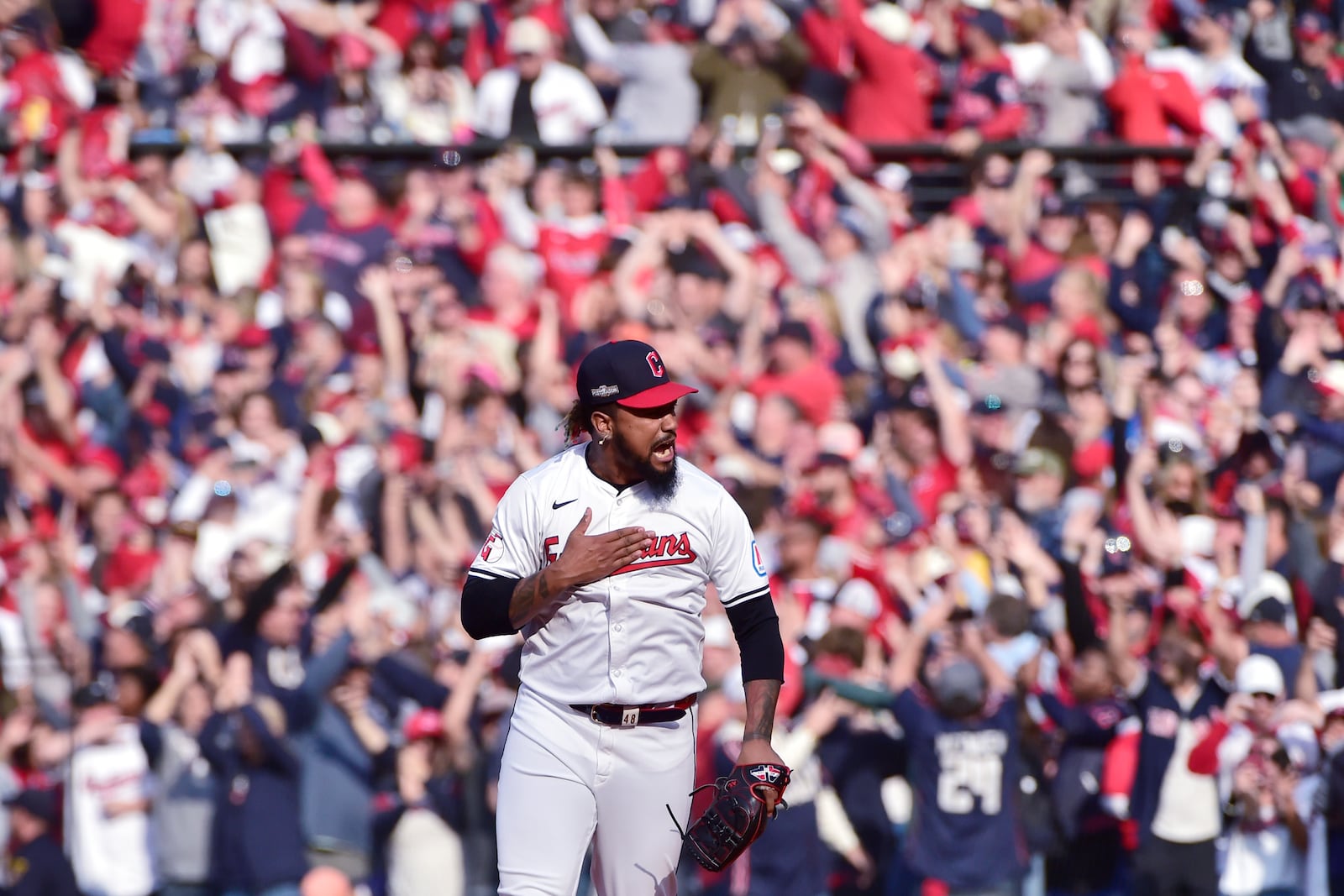 Cleveland Guardians' Emmanuel Clase celebrates after the Guardians defeated the Detroit Tigers in Game 5 of baseball's American League Division Series, Saturday, Oct. 12, 2024, in Cleveland. (AP Photo/Phil Long)