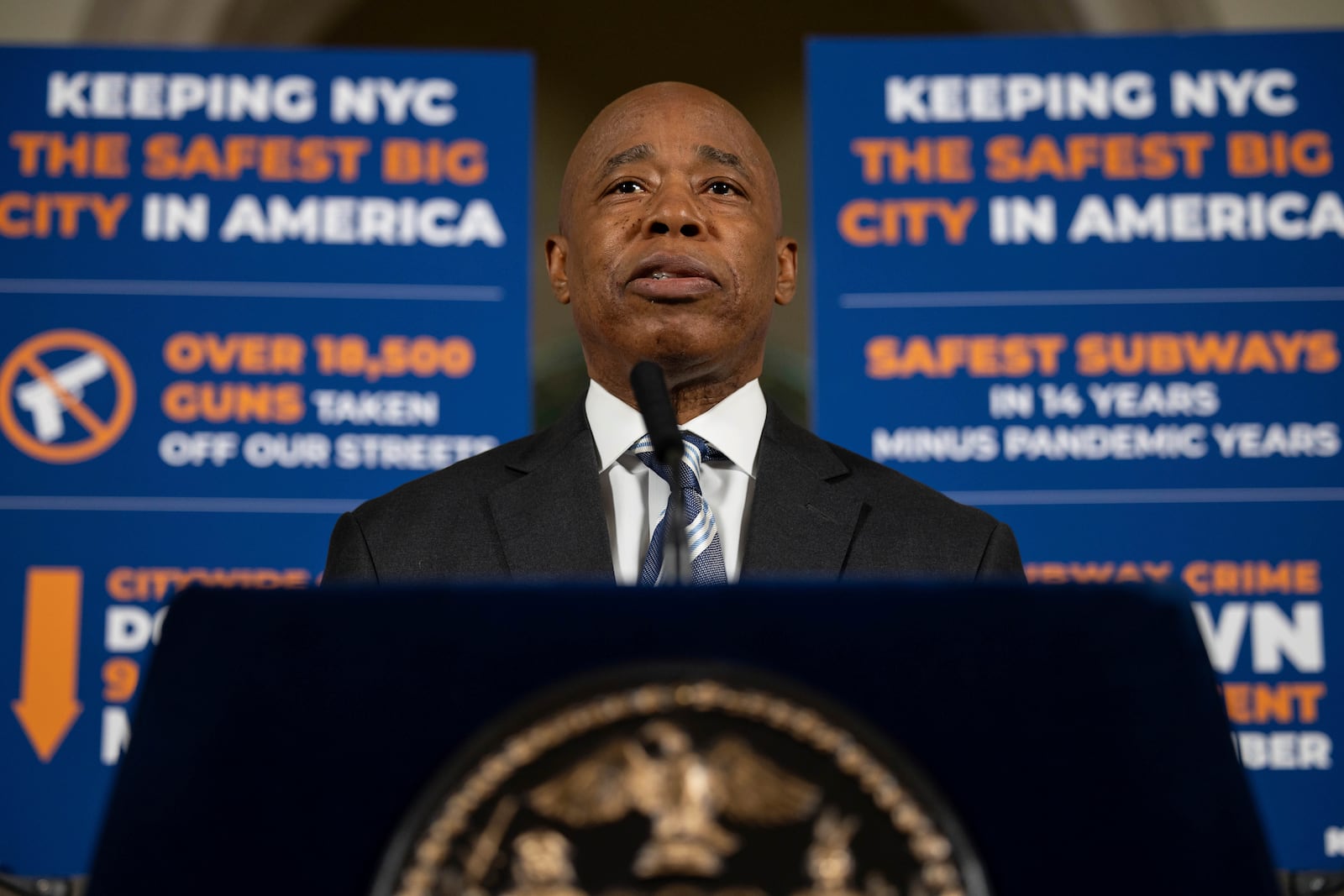 New York City Mayor Eric Adams speaks during a press conference at City Hall, Tuesday, Oct. 8, 2024, in New York. (AP Photo/Yuki Iwamura)