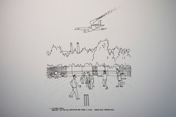 A drawing featuring Victoria Park created by John Goldsmith, in London, Thursday, April 24, 2025. (AP Photo/Kin Cheung)