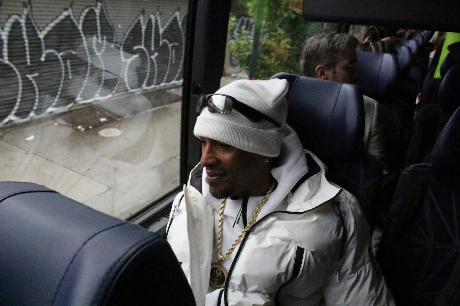 Korey Wise, one of the members of ‘The Central Park Five,’ sits on a bus outside the National Action Network headquarters in the Harlem neighborhood of New York as members of the organization prepare to depart on a Get Out the Vote bus tour on Friday, Sep. 27, 2024. (AP Photo/Noreen Nasir)