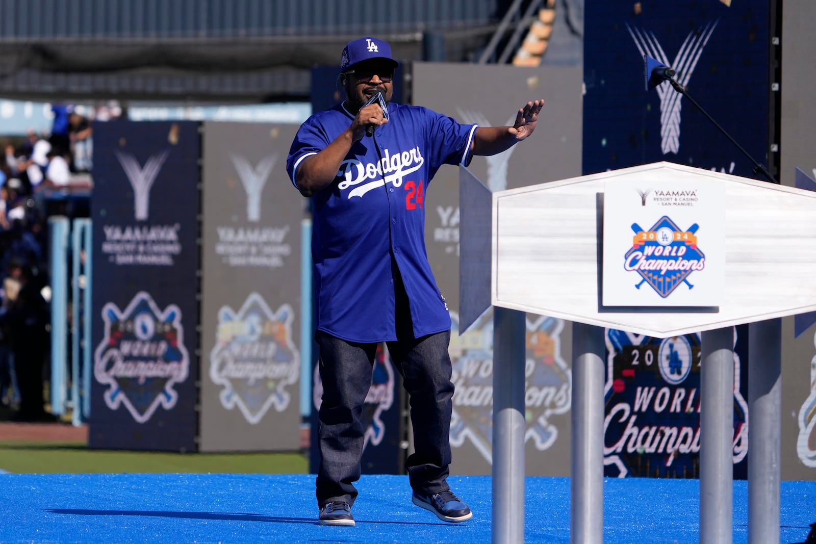 Ice Cube performs during the Los Angeles Dodgers baseball World Series championship parade and celebration at Dodger Stadium Friday, Nov. 1, 2024, in Los Angeles. (AP Photo/Mark J. Terrill)