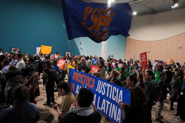 Activists participate in a demonstration at the COP29 U.N. Climate Summit, Saturday, Nov. 16, 2024, in Baku, Azerbaijan. (AP Photo/Peter Dejong)