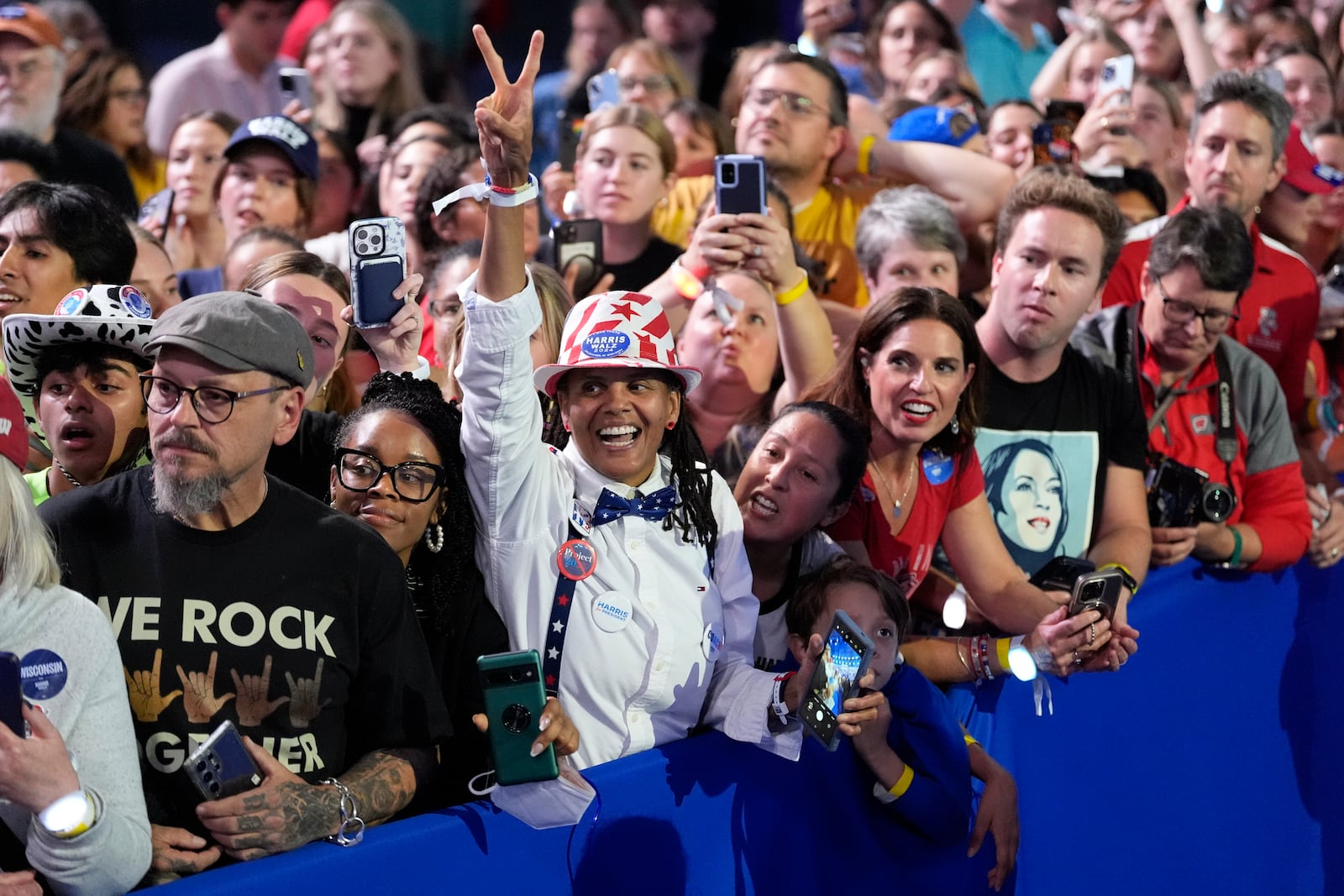 The crowd cheers for Democratic presidential nominee Vice President Kamala Harris during a campaign rally at the Alliant Energy Center in Madison, Wis., Wednesday, Oct. 30, 2024. (AP Photo/Jacquelyn Martin)