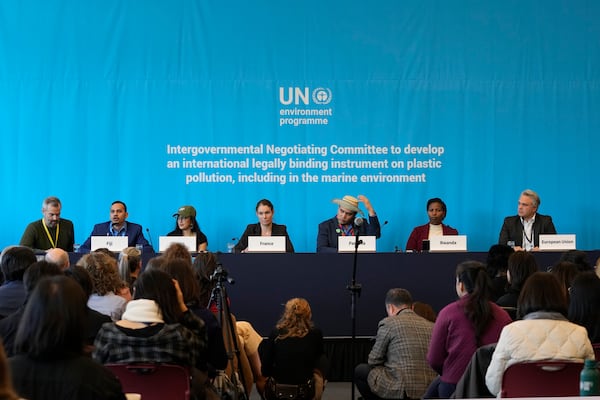 From right, Anthony Agotha, special envoy for Climate and Environment Diplomacy, European Union, Juliet Kabera, director general of the Rwanda Environment Management Authority and Rwanda's lead negotiator to the INC, Juan Carlos Monterrey, head of Panama's delegation, Olga Givernet, French delegate minister for Energy, Camila Zepeda, head of delegation for Mexico, and Sivendra Michael, Fiji's secretary for the environment and climate change, attend a press conference at the fifth session of the Intergovernmental Negotiating Committee on Plastic Pollution in Busan, South Korea, Sunday, Dec. 1, 2024. (AP Photo/Ahn Young-joon)