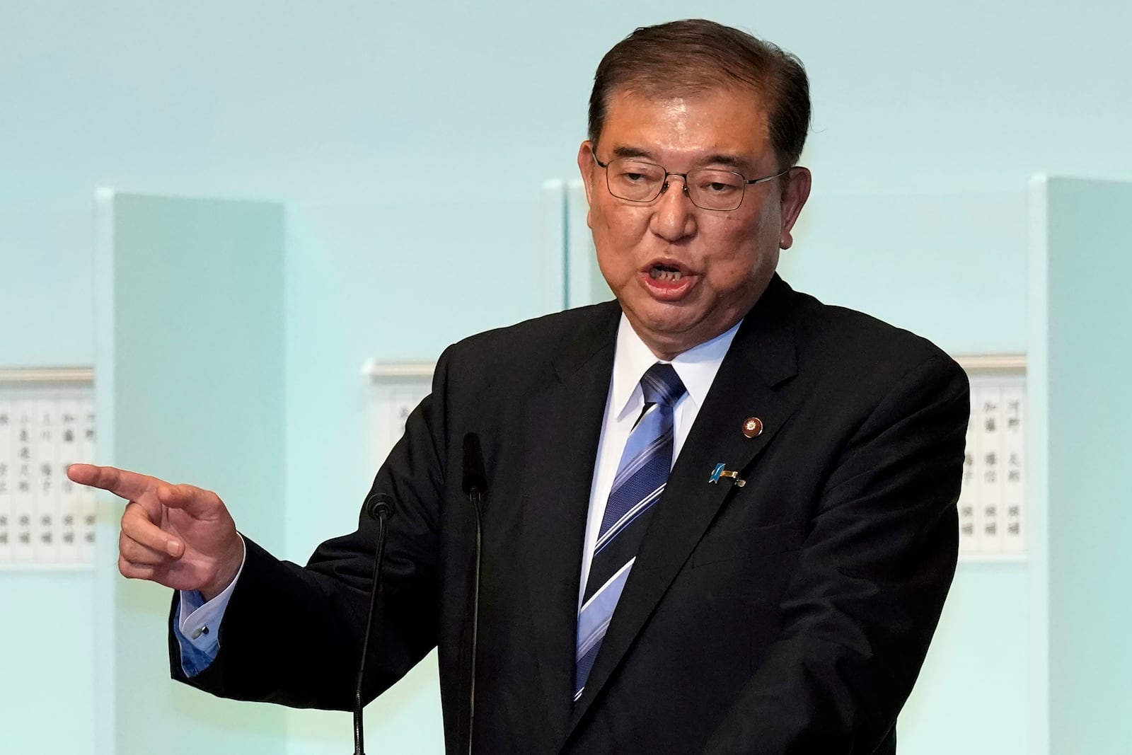 Shigeru Ishiba speaks before a runoff election at the Liberal Democratic Party's (LDP) leadership election Friday, Sept. 27, 2024, at the party headquarters in Tokyo. (AP Photo/Hiro Komae, Pool)