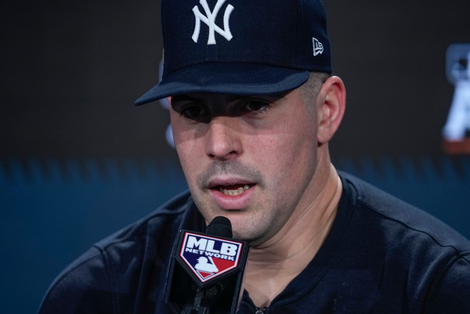 New York Yankees pitcher Carlos Rodón speaks during a news conference ahead of an American League Championship series baseball game against the Cleveland Guardians, Sunday, Oct. 13, 2024, in New York. (AP Photo/Frank Franklin II)