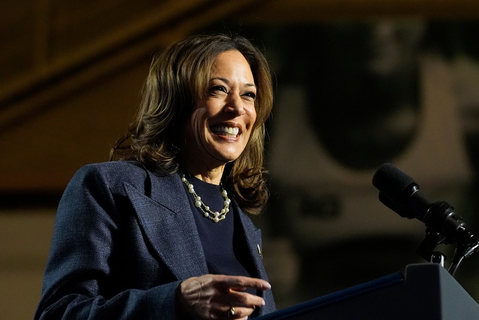 Democratic presidential nominee Vice President Kamala Harris speaks during a campaign rally at Jenison Field House on the campus of Michigan State University, Sunday, Nov. 3, 2024, in East Lansing, Mich. (AP Photo/Jacquelyn Martin)