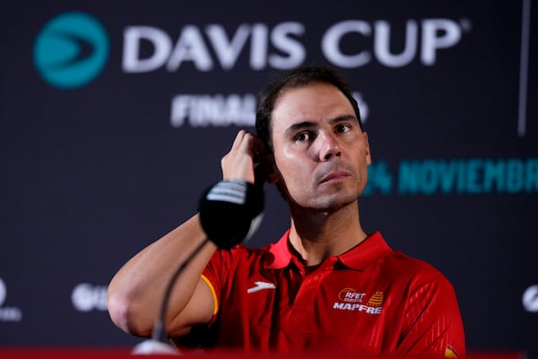 Spain's tennis player Rafael Nadal attends a press conference in Fuengirola, southern Spain, on Monday, Nov. 18, 2024. (AP Photo/Manu Fernandez)