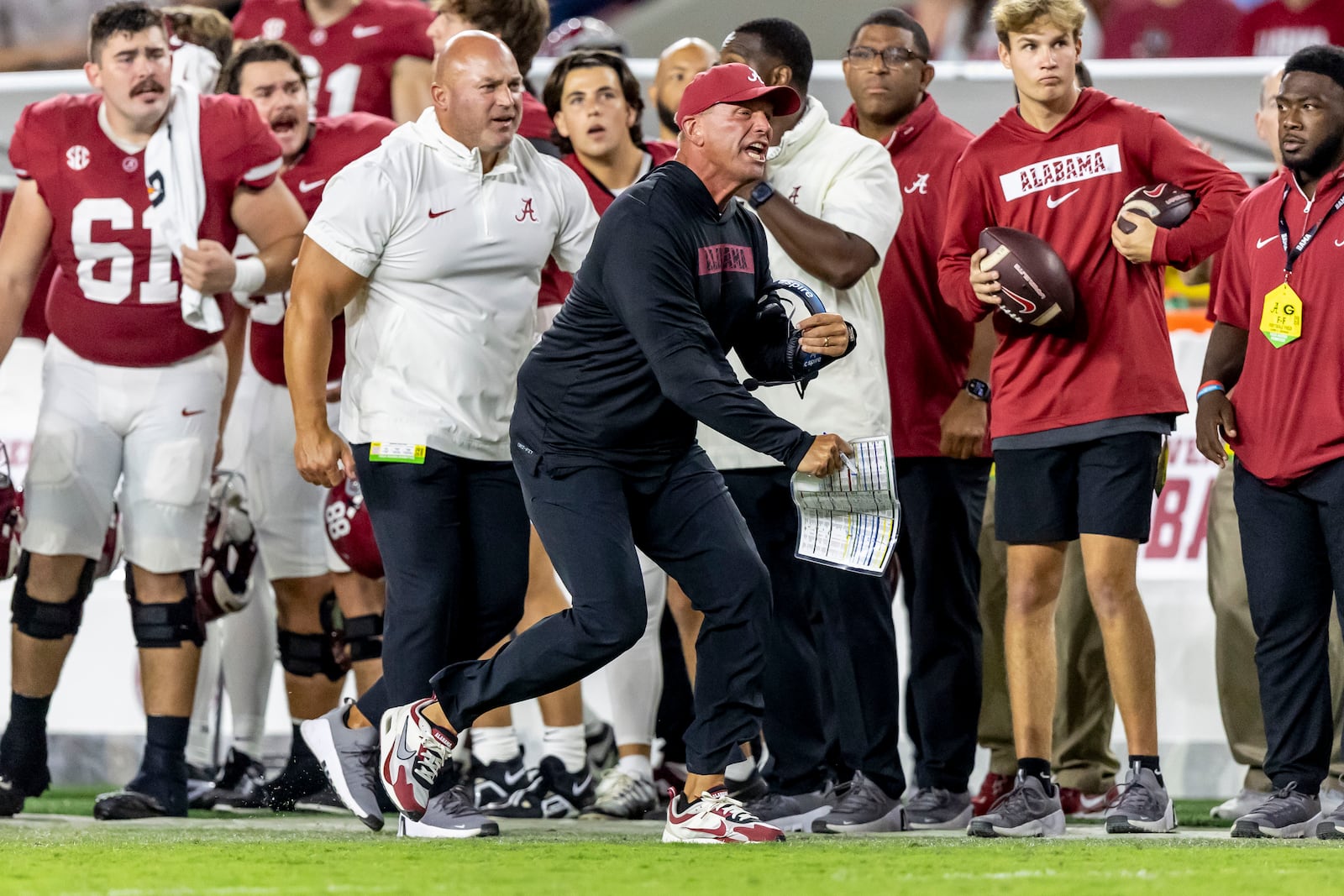 Alabama head coach Kalen DeBoer reacts to a play during the first half of an NCAA college football game against Georgia, Saturday, Sept. 28, 2024, in Tuscaloosa, Ala. (AP Photo/Vasha Hunt)