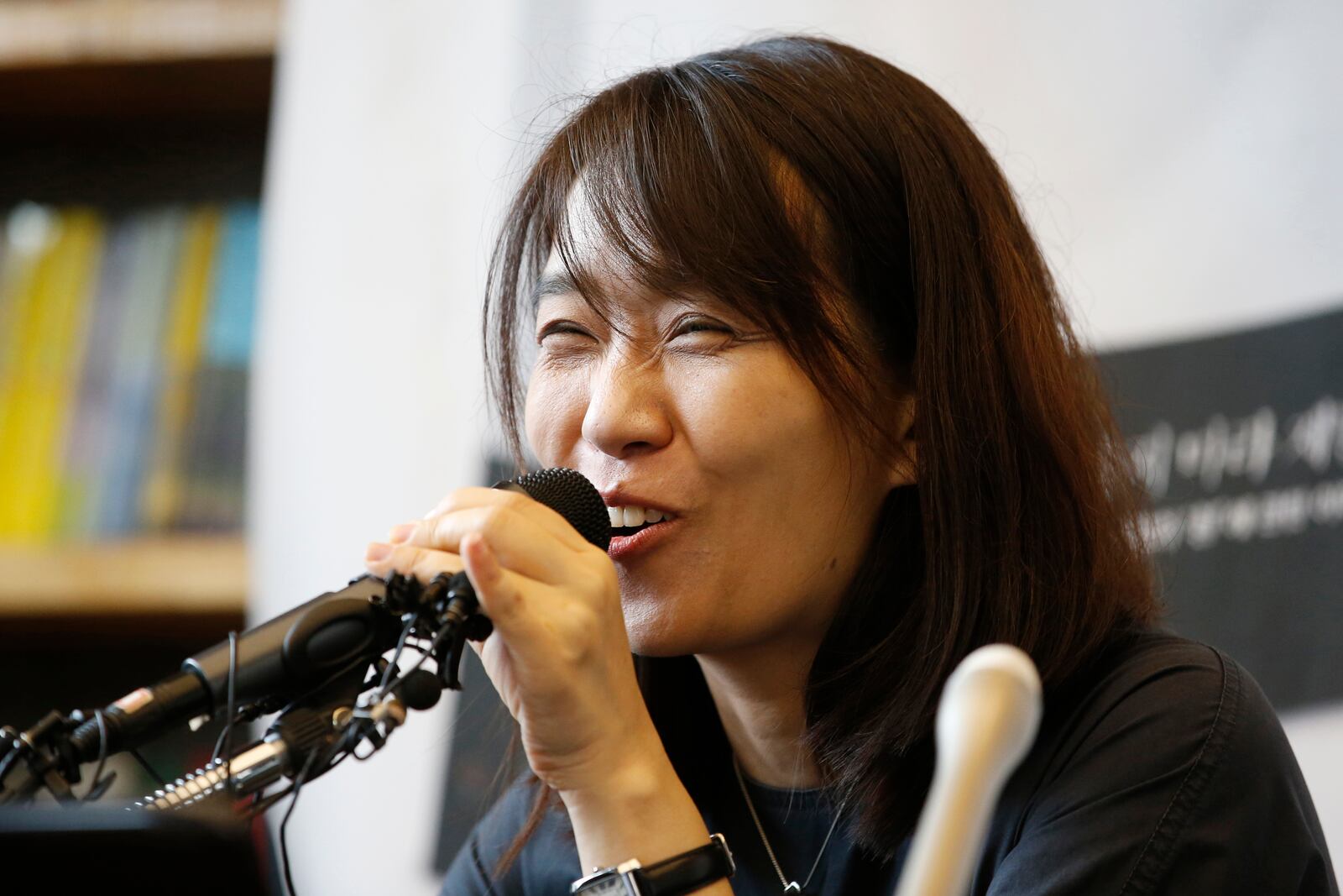 South Korean author Han Kang speaks to the media during a news conference in Seoul, South Korea, on May 24, 2016. (AP Photo/Lee Jin-man)