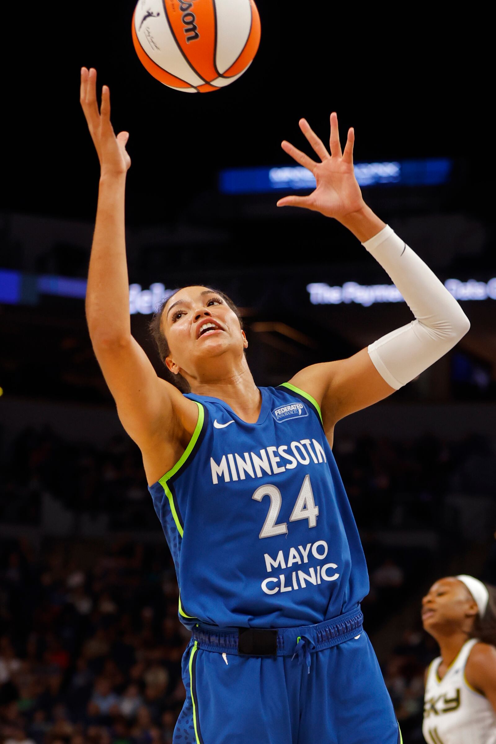 Minnesota Lynx forward Napheesa Collier gathers a rebound in the third quarter of a WNBA basketball game against the Chicago Sky, Friday, Sept. 13, 2024, in Minneapolis. (AP Photo/Bruce Kluckhohn)