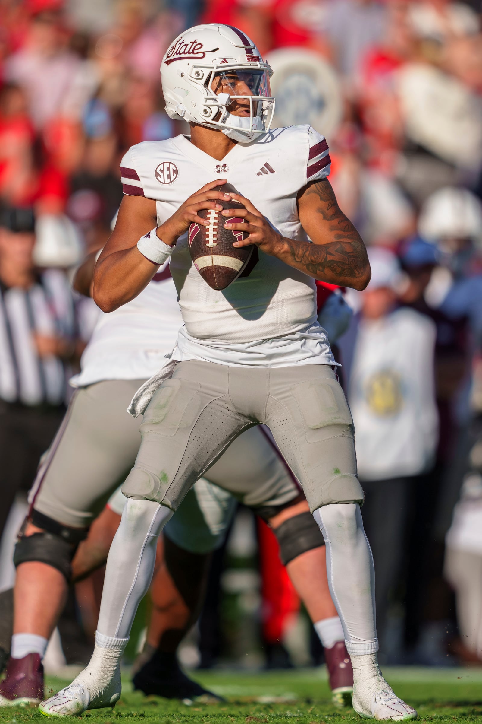 Mississippi State quarterback Michael Van Buren Jr. (0) looks down field for a receiver during an NCAA college football game against Georgia, Saturday, Oct. 12, 2024, in Athens, Ga. (AP Photo/Jason Allen)