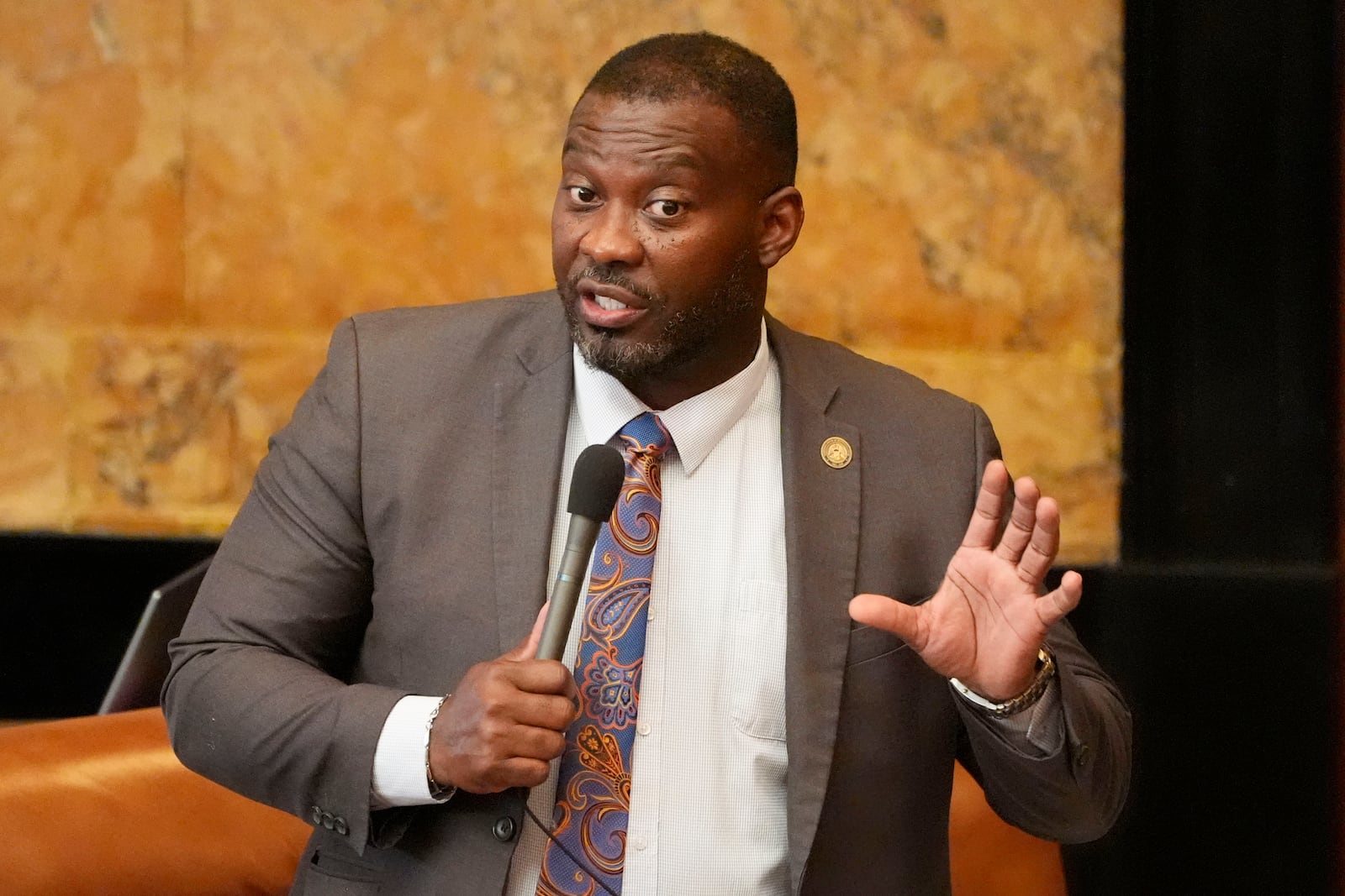 FILE - Mississippi State Rep. Bryant Clark, D-Pickens, asks a question of a committee chairman on the House Chamber floor during debate over a bill at the State Capitol in Jackson, Miss., March 26, 2024. (AP Photo/Rogelio V. Solis, File)