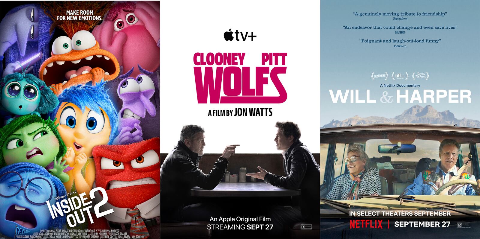 This combination of images shows promotional art for the films, "Inside Out 2," from left, "Wolfs," and "Will & Harper." (Disney/Apple TV+/Netflix via AP)