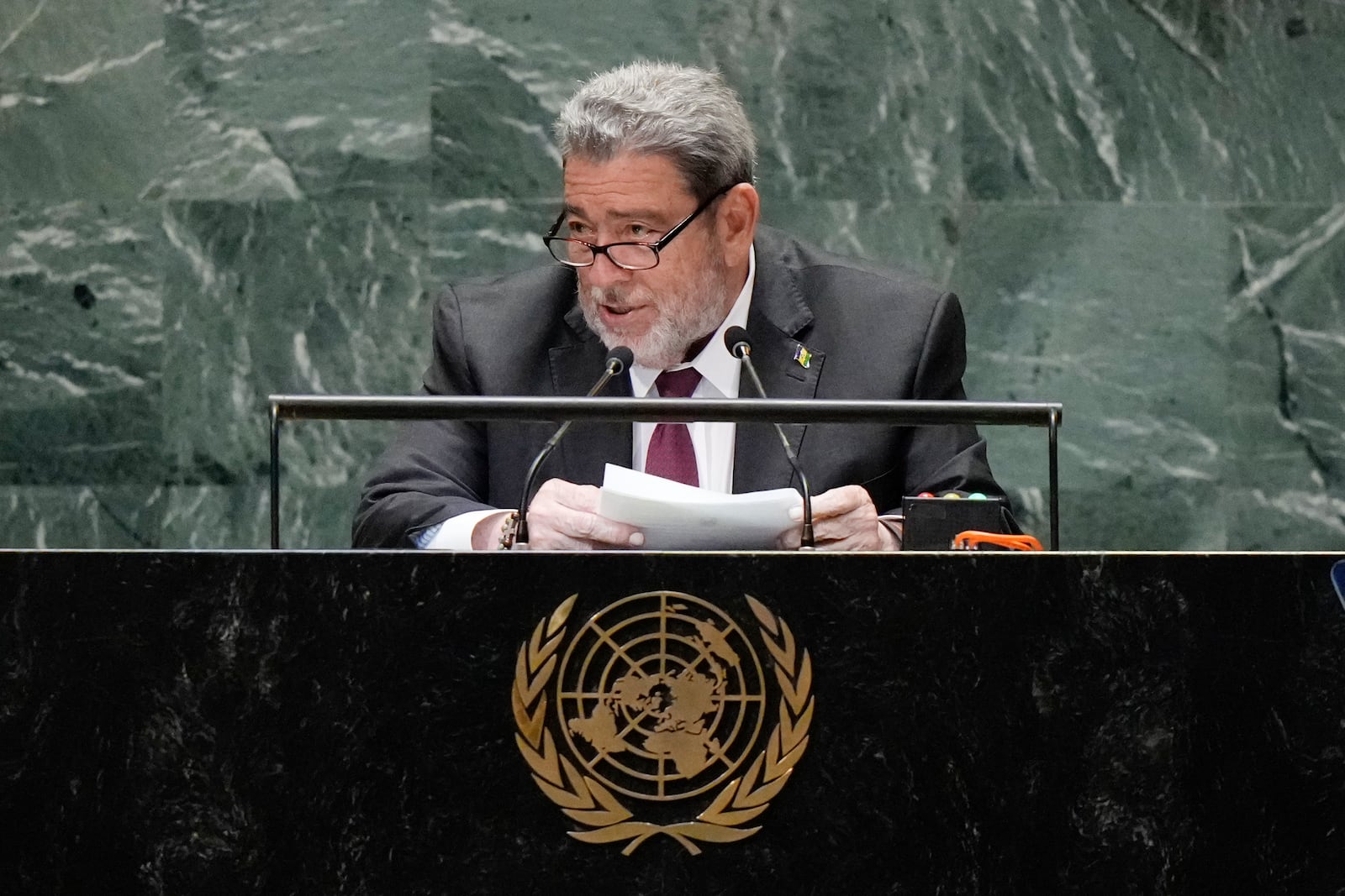 St. Vincent and the Grenadines Prime Minister Ralph E. Gonsalves speaks to the United Nations General Assembly during Summit of the Future, Sunday, Sept. 22, 2024 at U.N. headquarters. (AP Photo/Frank Franklin II)