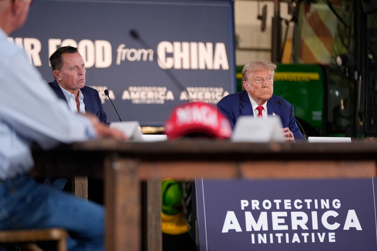 Republican presidential nominee former President Donald Trump listens during a campaign event at a farm, Monday, Sept. 23, 2024, in Smithton, Pa. (AP Photo/Alex Brandon)