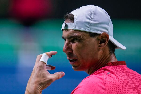 Spain's Rafael Nadal takes part during a training session at the Martin Carpena Sports Hall, in Malaga, southern Spain, on Friday, Nov. 15, 2024. (AP Photo/Manu Fernandez)