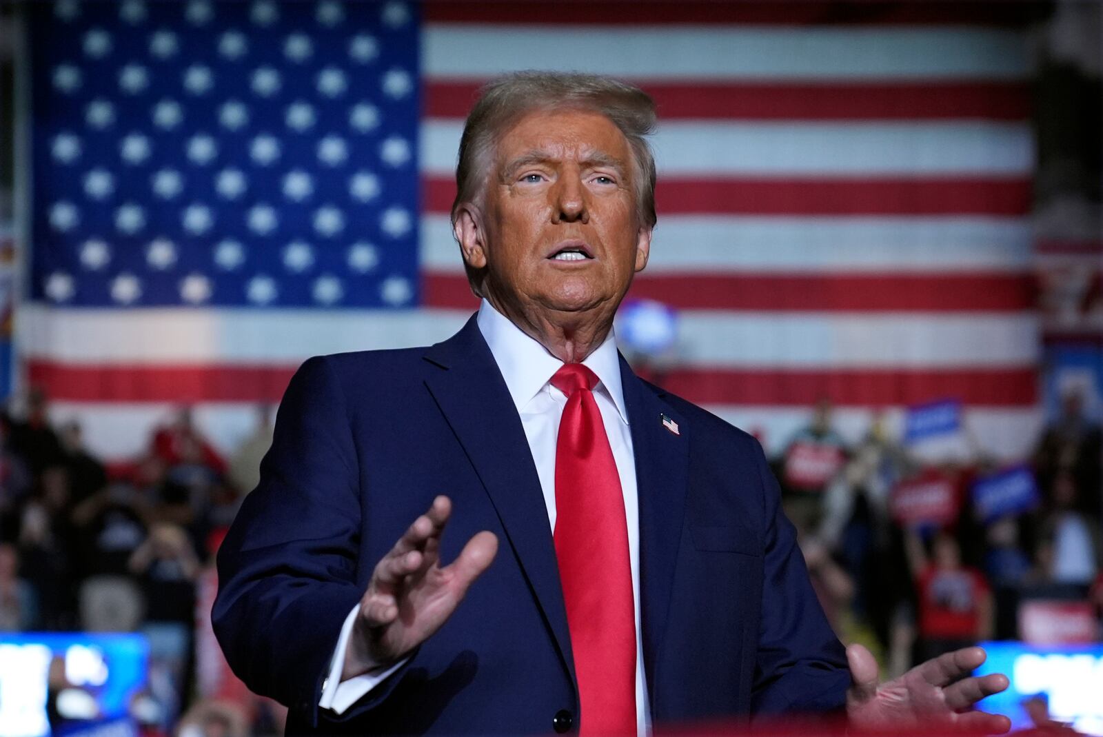 Republican presidential nominee former President Donald Trump arrives at a campaign rally at Santander Arena, Monday, Nov. 4, 2024, in Reading, Pa. (AP Photo/Evan Vucci)