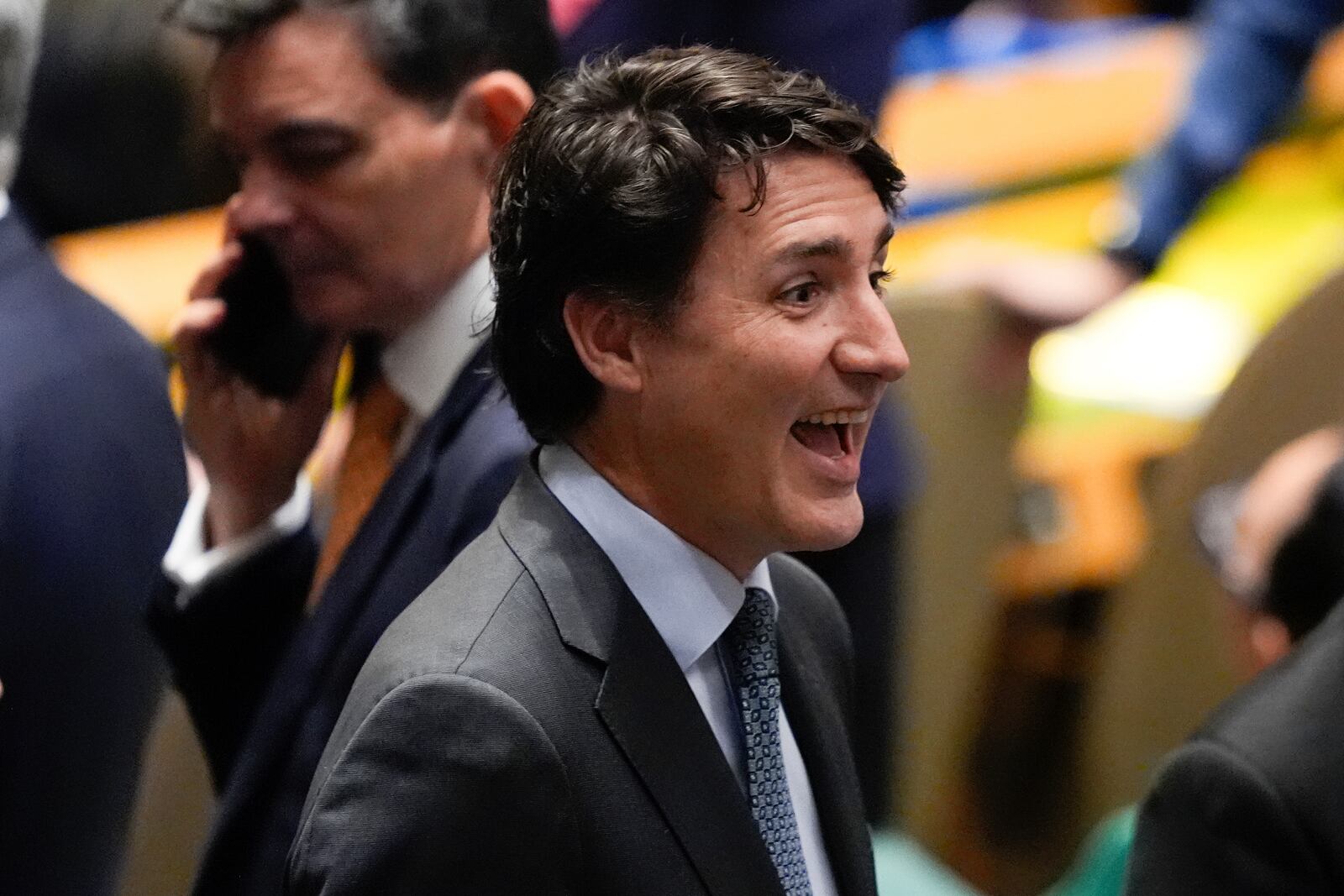 Canada's Prime Minister Justin Trudeau greets people during the 79th session of the United Nations General Assembly, Tuesday, Sept. 24, 2024, at the UN headquarters. (AP Photo/Julia Demaree Nikhinson)