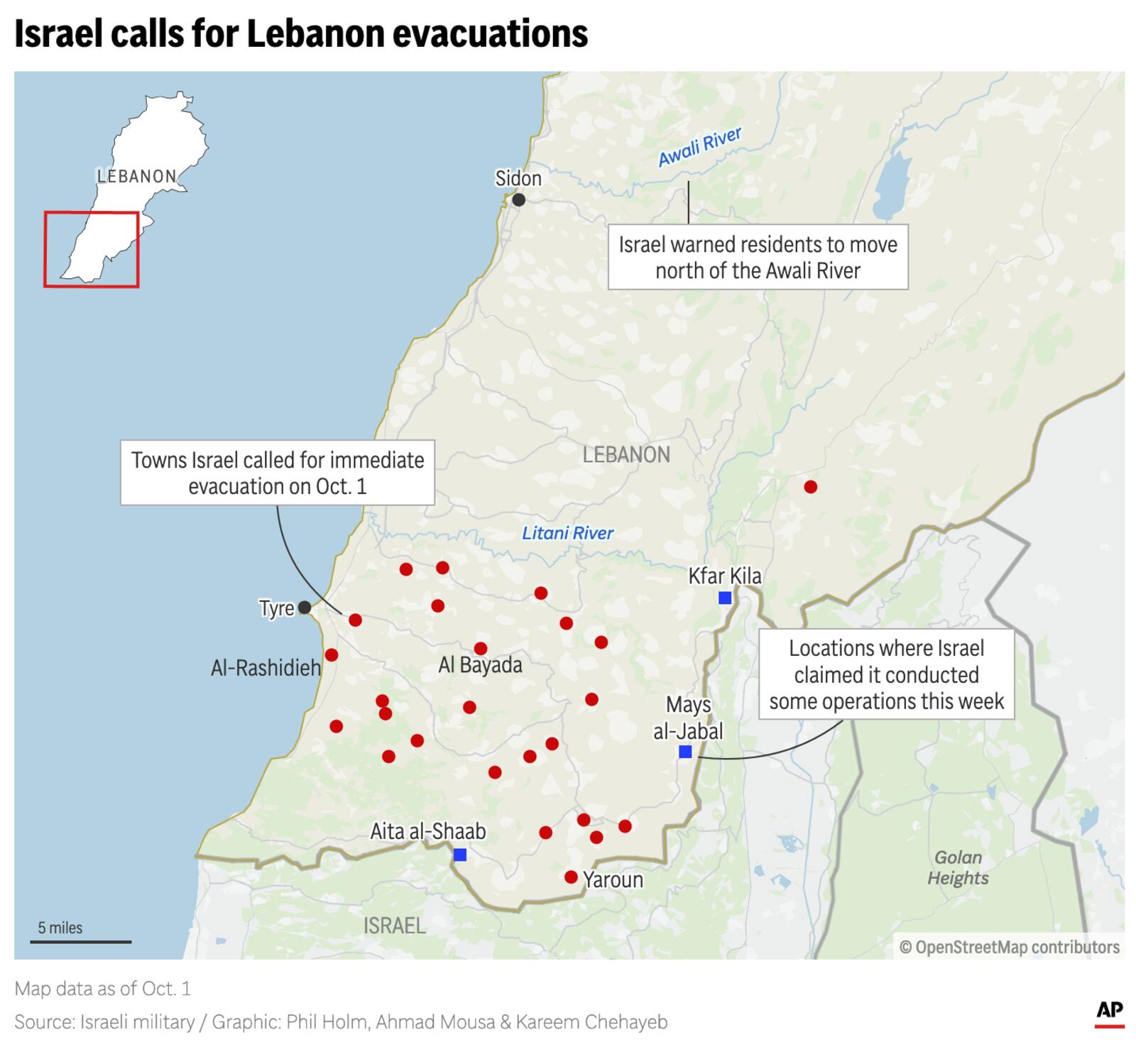 The map above towns in Lebanon ordered to evacuate on Oct. 1 and also where Israel claims to have conducted operations this week. (AP Digital Embed)