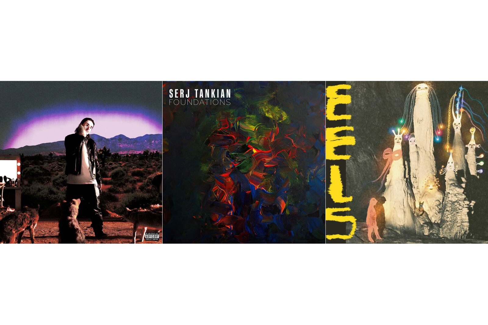 This combination of images shows album art for "Coyote" by Tommy Richman, left, "Foundations" by Serj Tankian, center, and "Eels" by Being Dead." (ISO Supremacy and PULSE Records/Gibson Records/Bayonet Records via AP)