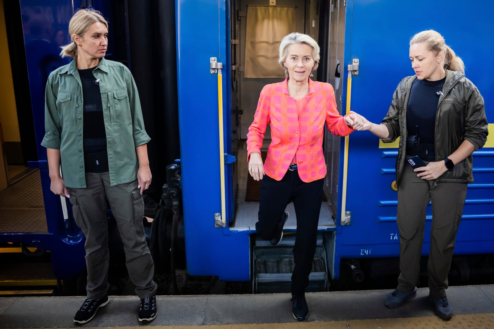 President of the European Commission, Ursula von der Leyen arrives at the railway station in Kyiv, Ukraine, Friday, Sept. 20, 2024. (Christoph Soeder, Pool via AP)