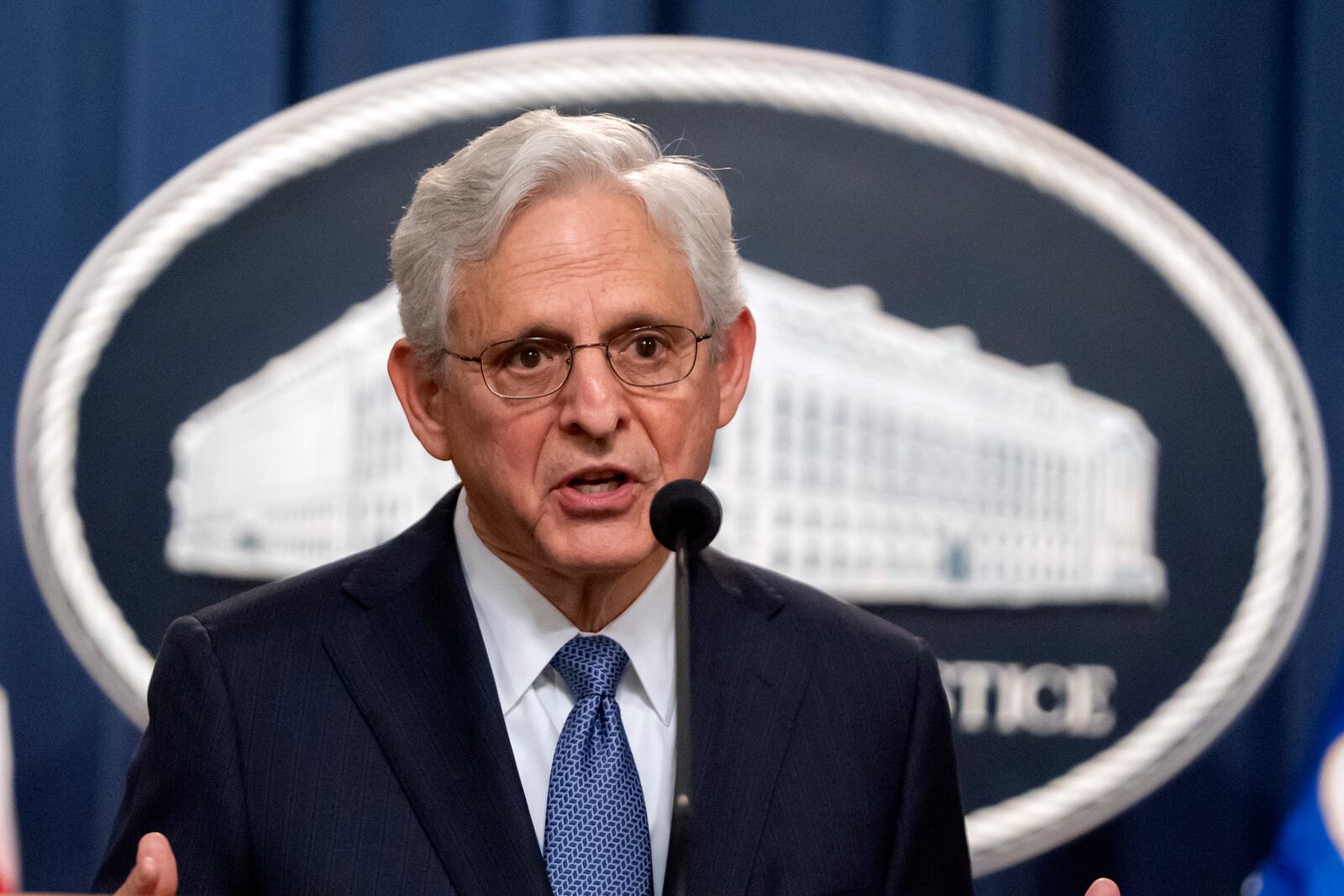 Attorney General Merrick Garland speaks during a news conference at the Department of Justice, Tuesday, Sept. 24, 2024, in Washington. (AP Photo/Mark Schiefelbein)