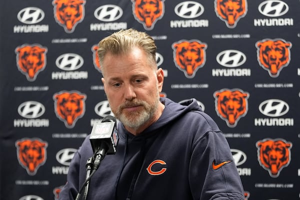 Chicago Bears head coach Matt Eberflus talks to the media after an NFL football game against the Chicago Bears in Detroit, Thursday, Nov. 28, 2024. (AP Photo/Carlos Osorio)