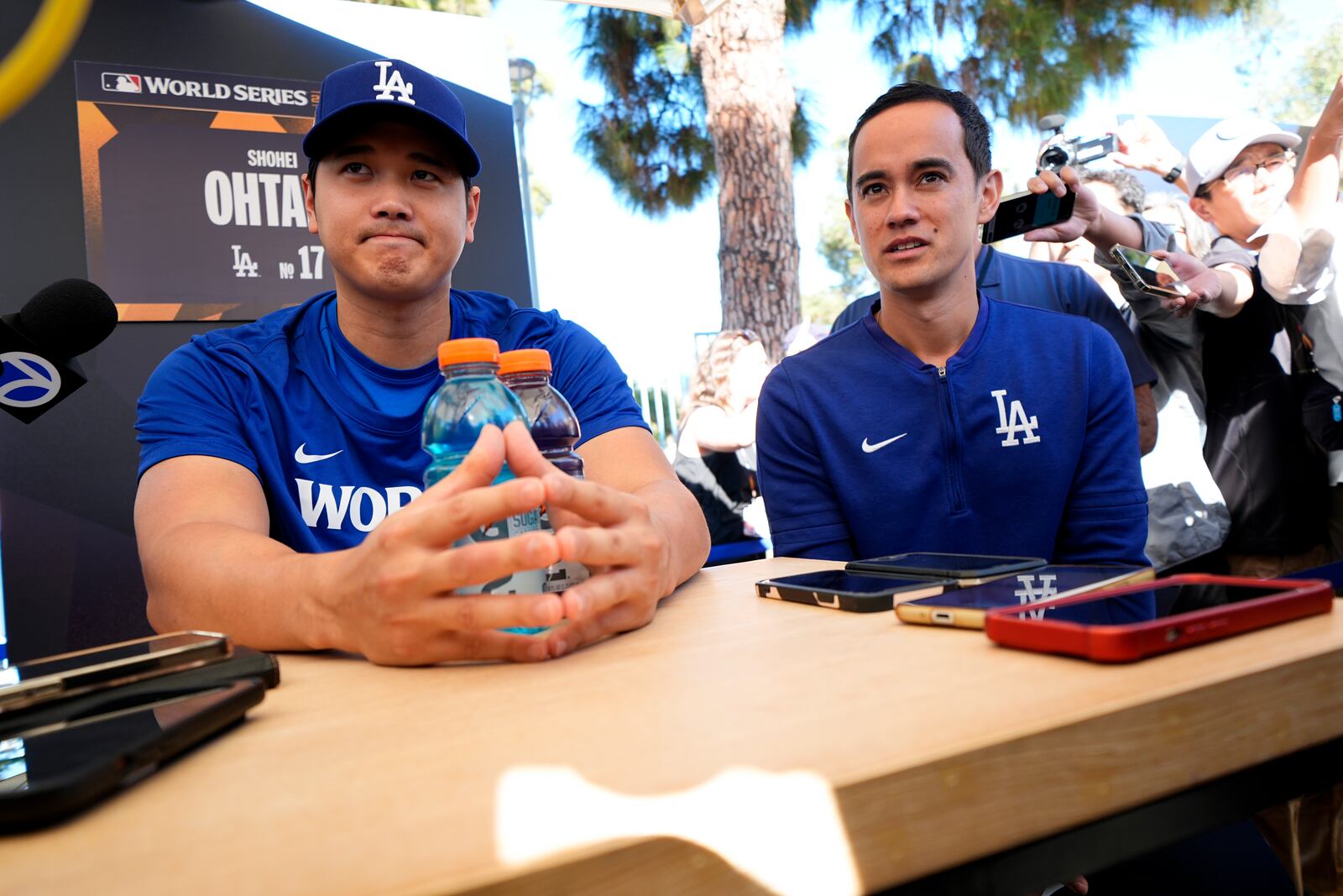 Los Angeles Dodgers' Shohei Ohtani speaks during media day for the baseball World Series against the New York Yankees, Thursday, Oct. 24, 2024, in Los Angeles. (AP Photo/Ashley Landis)