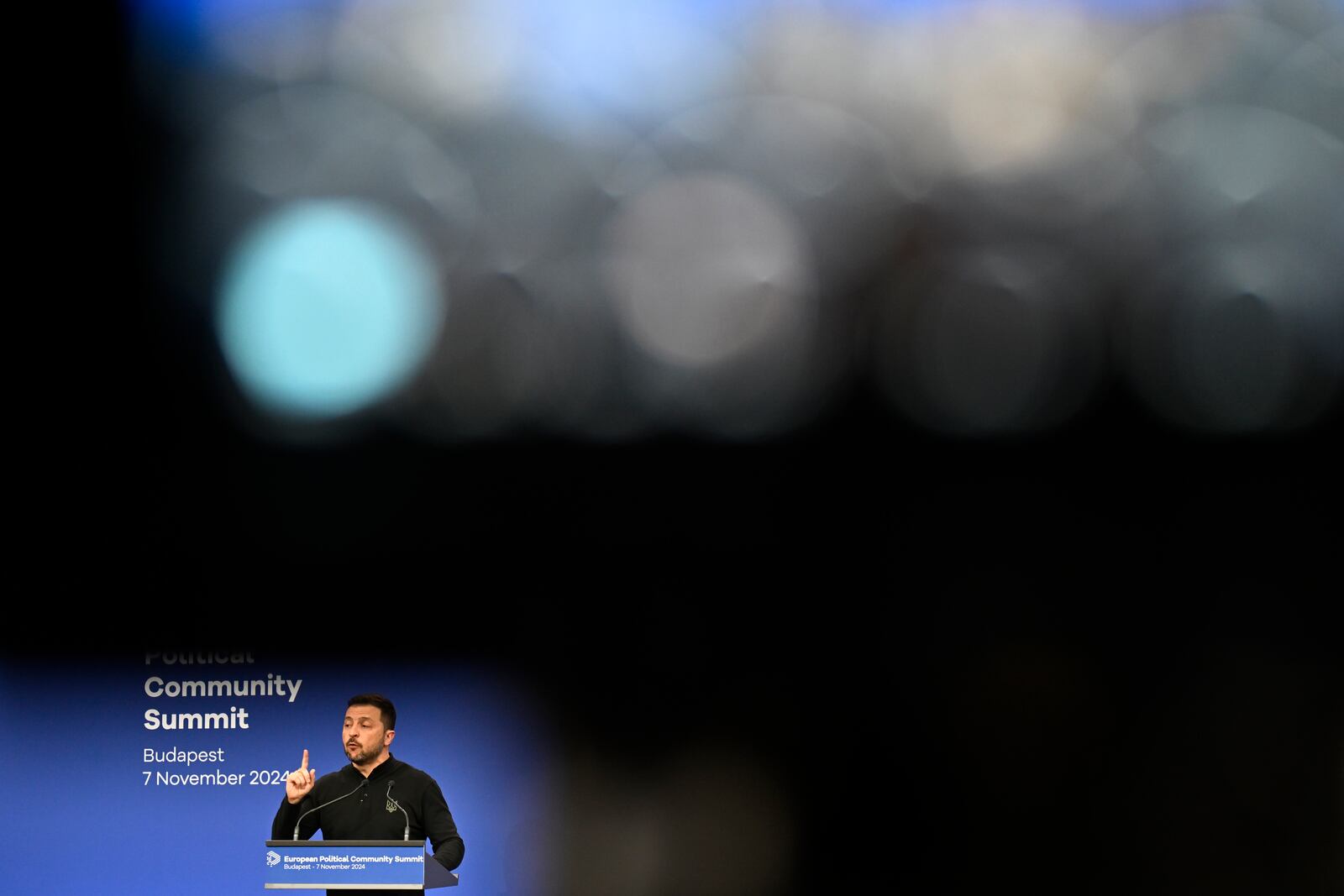 Ukraine's President Volodymyr Zelenskyy speaks during a press conference during the European Political Community (EPC) Summit at the Puskas Arena in Budapest , Hungary, Thursday, Nov. 7, 2024. (AP Photo/Denes Erdos)