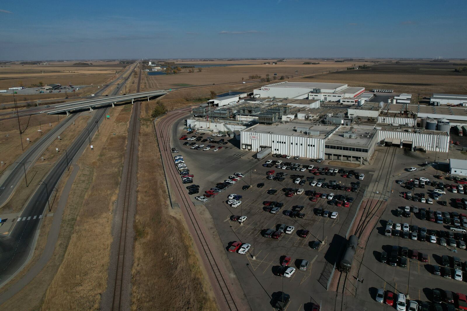 An aerial of the JBS Pork plant in Worthington, Minn., on Tuesday, Oct. 22, 2024. (AP Photo/Jessie Wardarski)