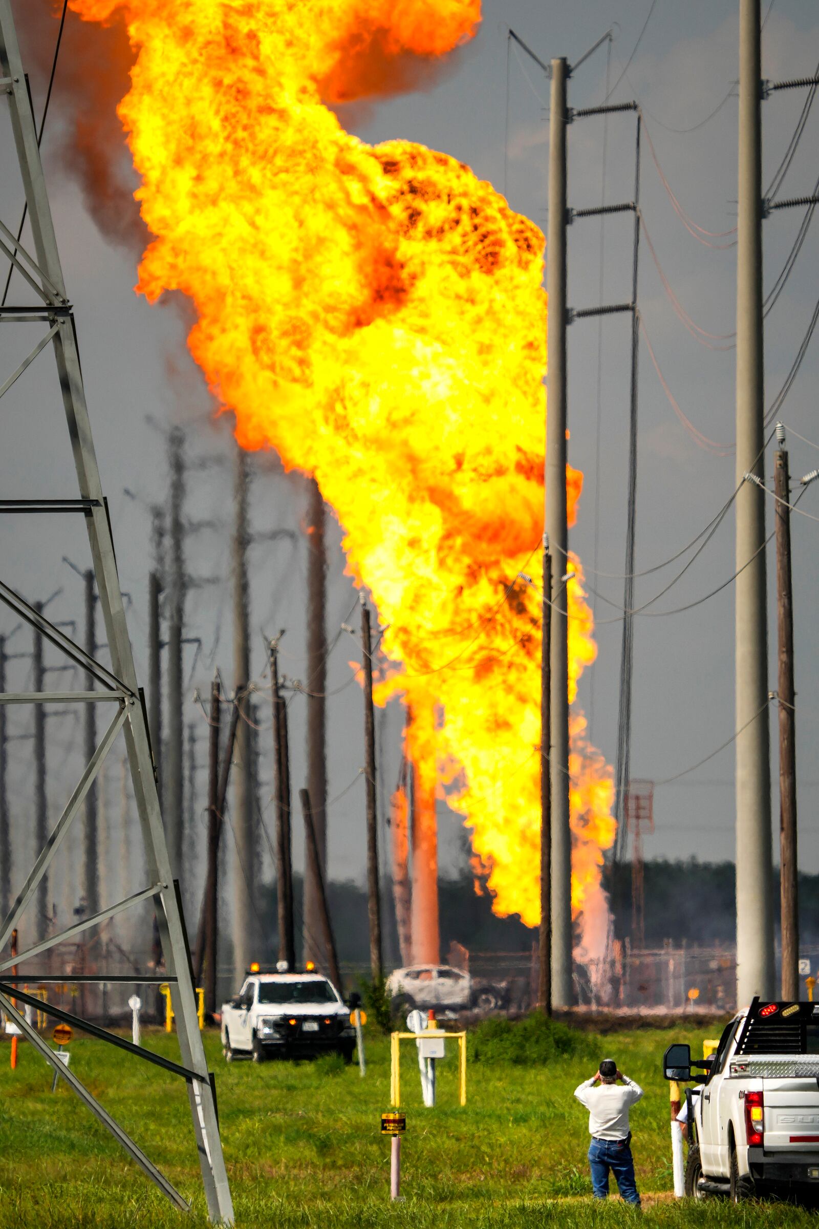 A massive pipeline fire burns near Spencer Highway and Summerton Monday, Sept. 16, 2024, in La Porte, Texas. (Brett Coomer/Houston Chronicle via AP)