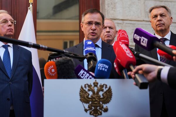 Russian presidential aide, Vladimir Medinsky, gives an statement to journalists at the Russian consulate in Istanbul, Turkey, Thursday, May 15, 2025. (AP Photo/Francisco Seco)