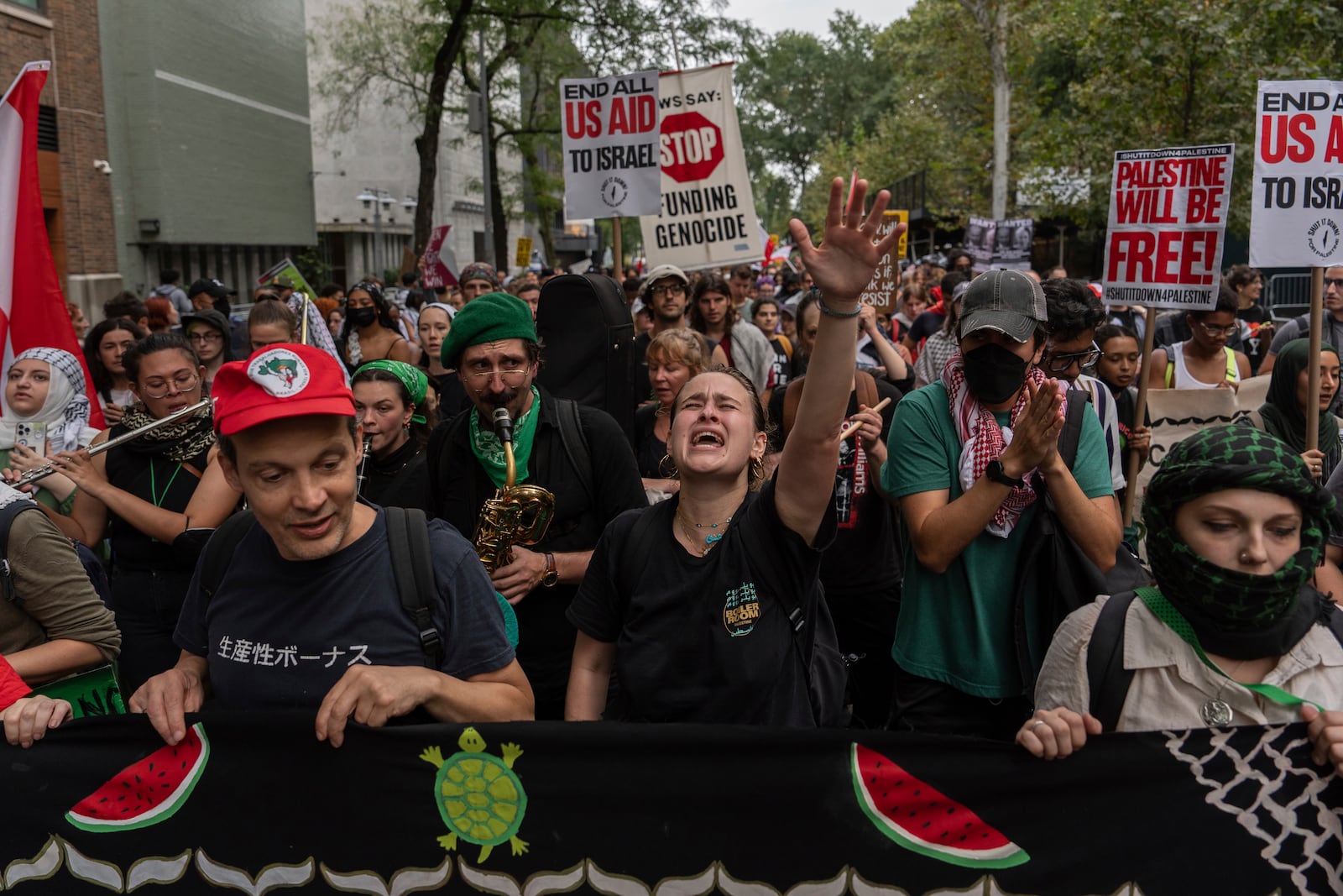 Palestinian supporters march near the United Nations headquarters at a protest against Israeli Prime Minister Benjamin Netanyahu during the 79th session of the UN General Assembly, Thursday, Sept. 26, 2024, in New York. (AP Photo/Julia Demaree Nikhinson)