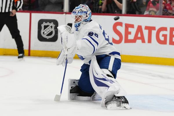 Toronto Maple Leafs goaltender Joseph Woll (60) defends the goal during the first period in Game 6 of a second-round NHL hockey playoff series against the Florida Panthers, Friday, May 16, 2025, in Sunrise, Fla. (AP Photo/Lynne Sladky)