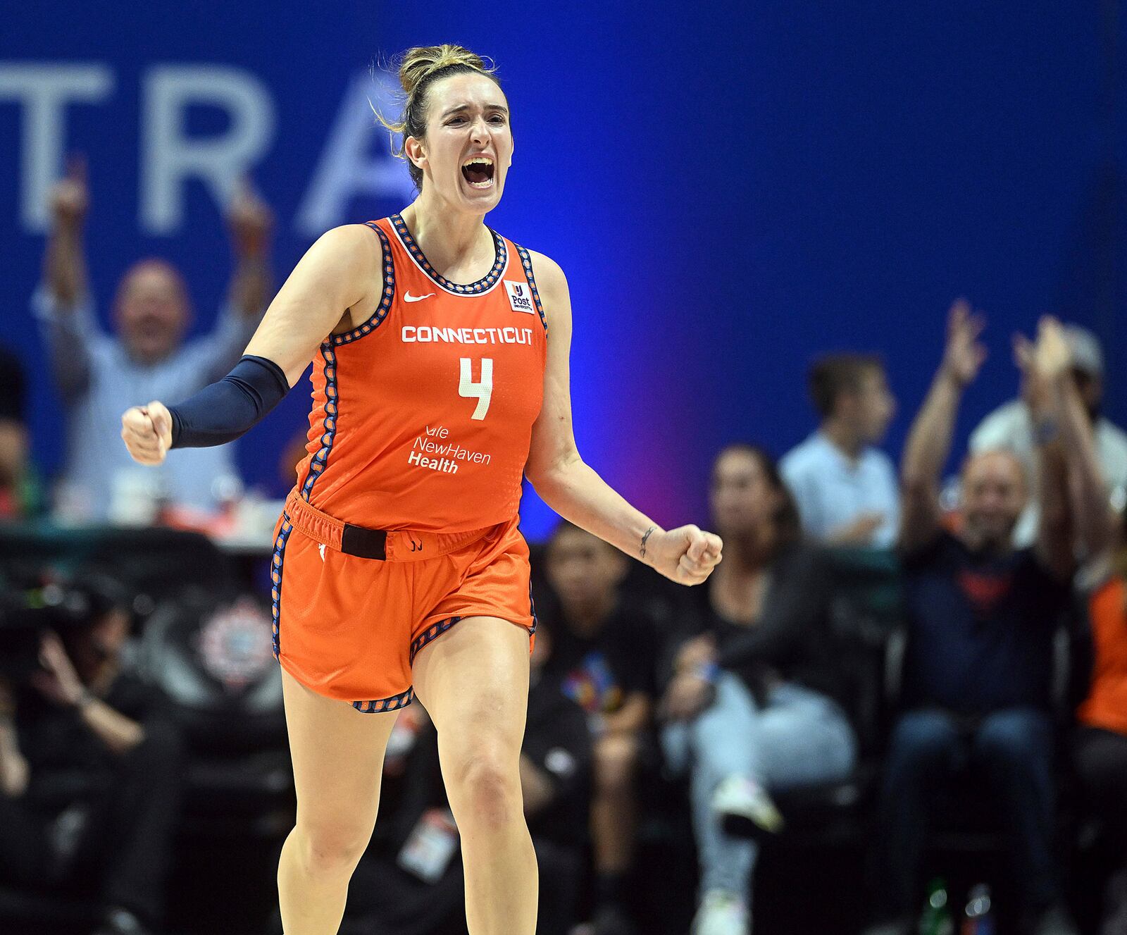 Connecticut Sun's Marina Mabrey (4) reacts to a basket during a first-round WNBA basketball playoff game against Indiana Fever at Mohegan Sun Arena, Sunday, Sept. 22, 2024. (Sarah Gordon/The Day via AP)