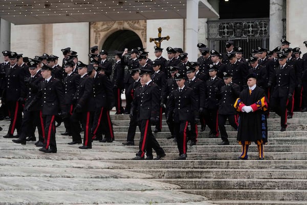 Italian Carabinieri, paramilitary policemen leave after attending Pope Francis' weekly general audience in St. Peter's Square at The Vatican, Wednesday, Nov.20, 2024. (AP Photo/Gregorio Borgia)